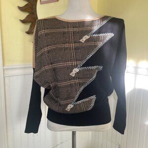 Vintage 80s Long sleeve black and white plaid sweater made in France NWT Medium